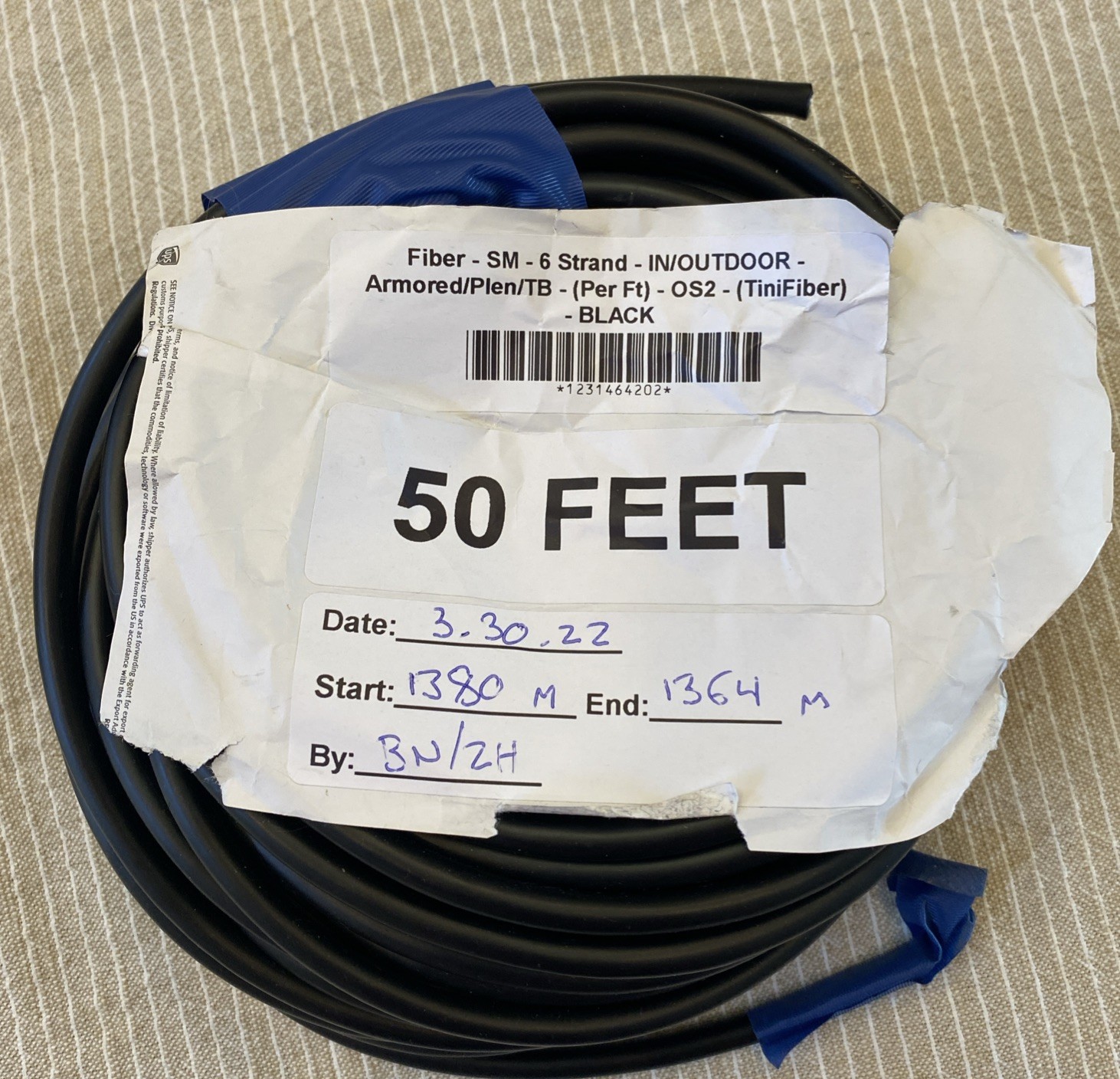TiniFiber TF6OS2PLO 50Ft 6-Strand OS2 Micro Armored Plenum Fiber Optic Cable-New