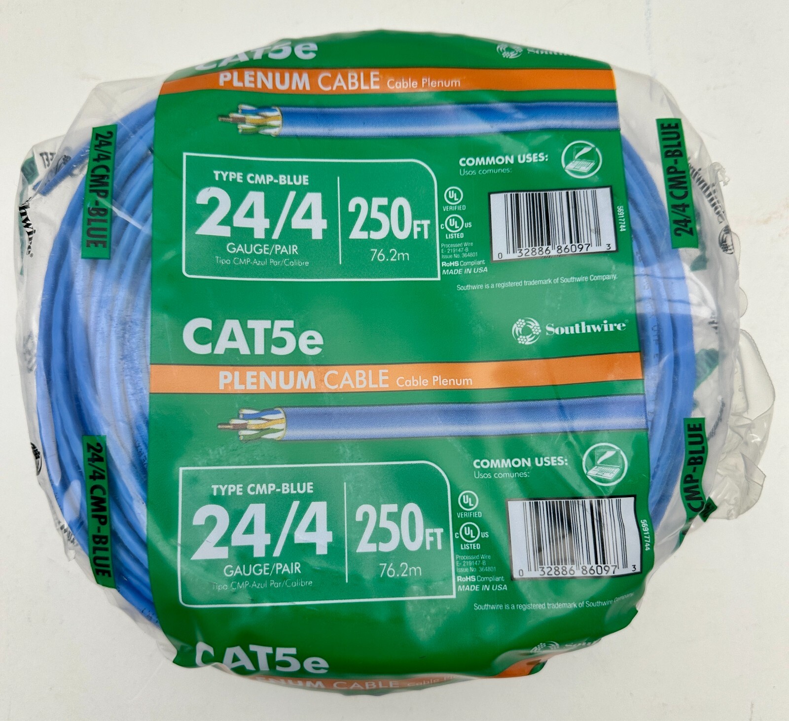 Southwire CAT5E CMP Blue 24/4 250ft Plenum Cable