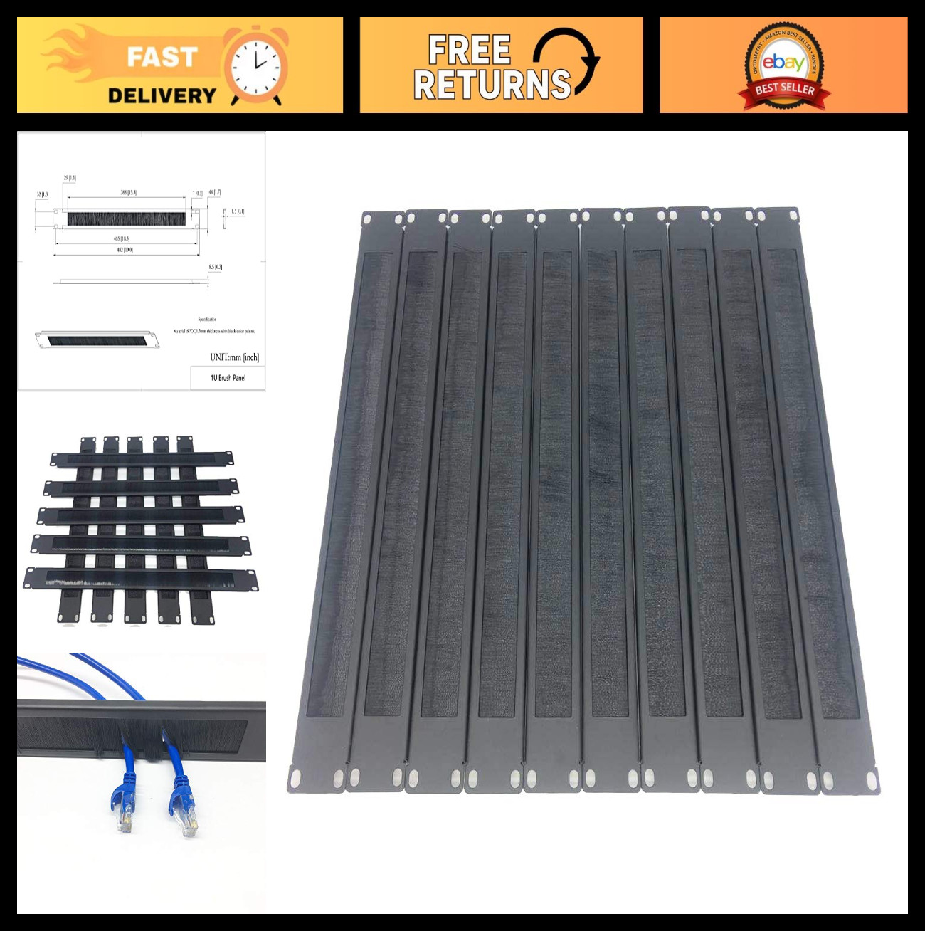 10 Pack 1U Horizontal Rack Mount Cable Management Brush Panel for 19" Racks - Bl