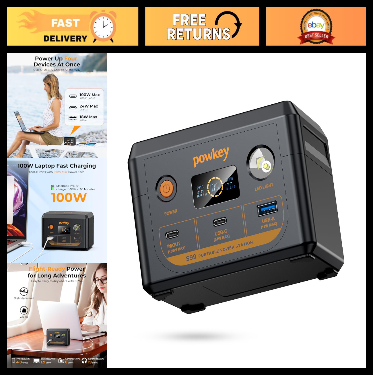 Portable 100W Power Station Charger - Fast PD 3.0 Battery Backup for Laptop, Pho