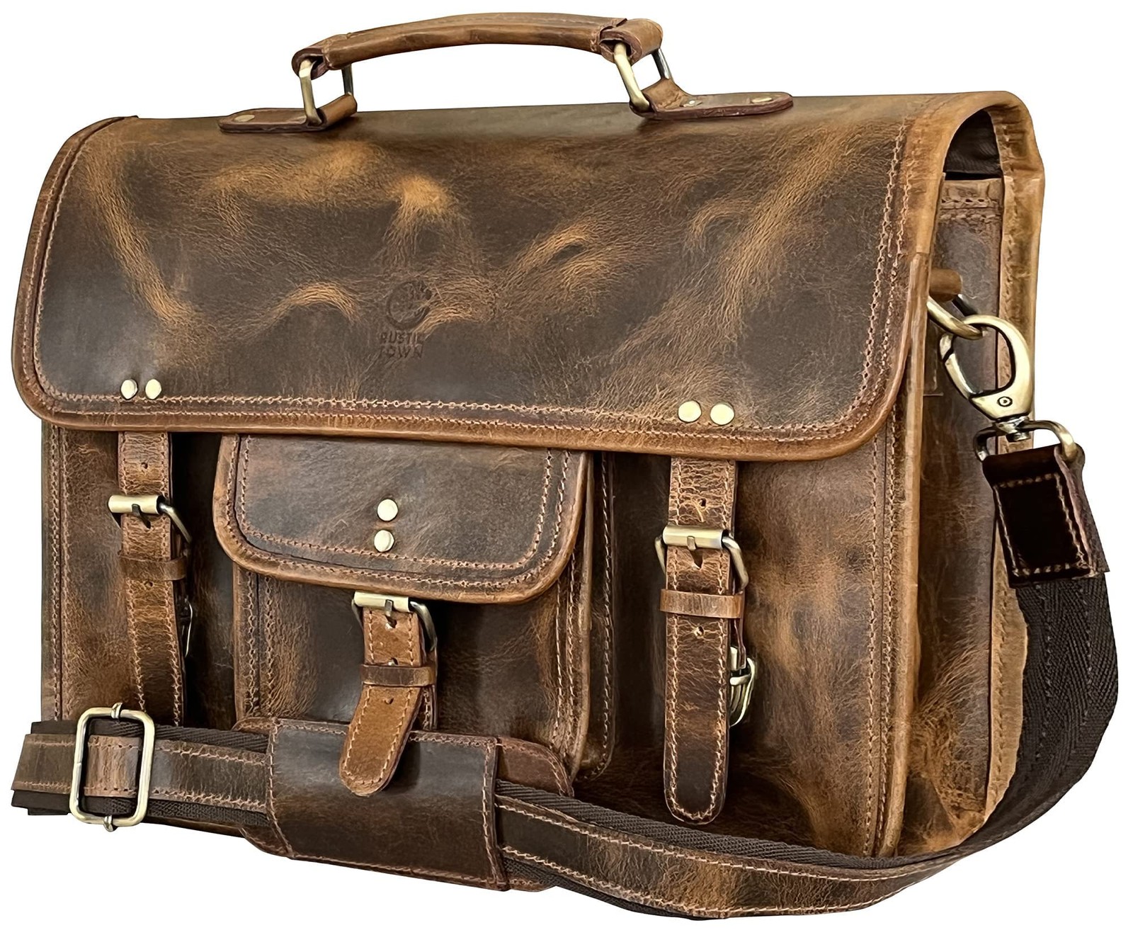 RUSTIC TOWN Leather Messenger Bag for Men - Full Grain Leather Briefcase Laptop