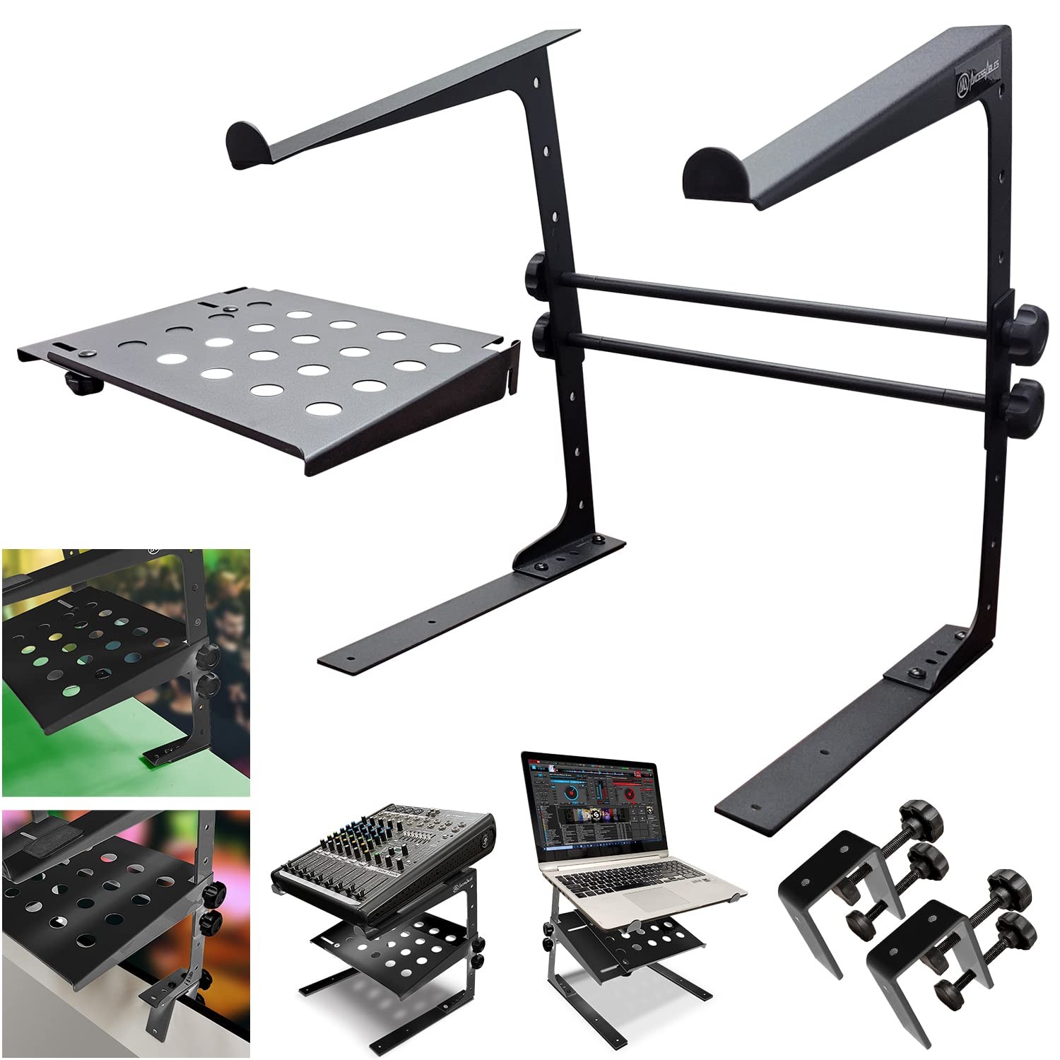 Black Two-Tier Adjustable DJ Stand with Clamps for DJ Controllers & Equipment