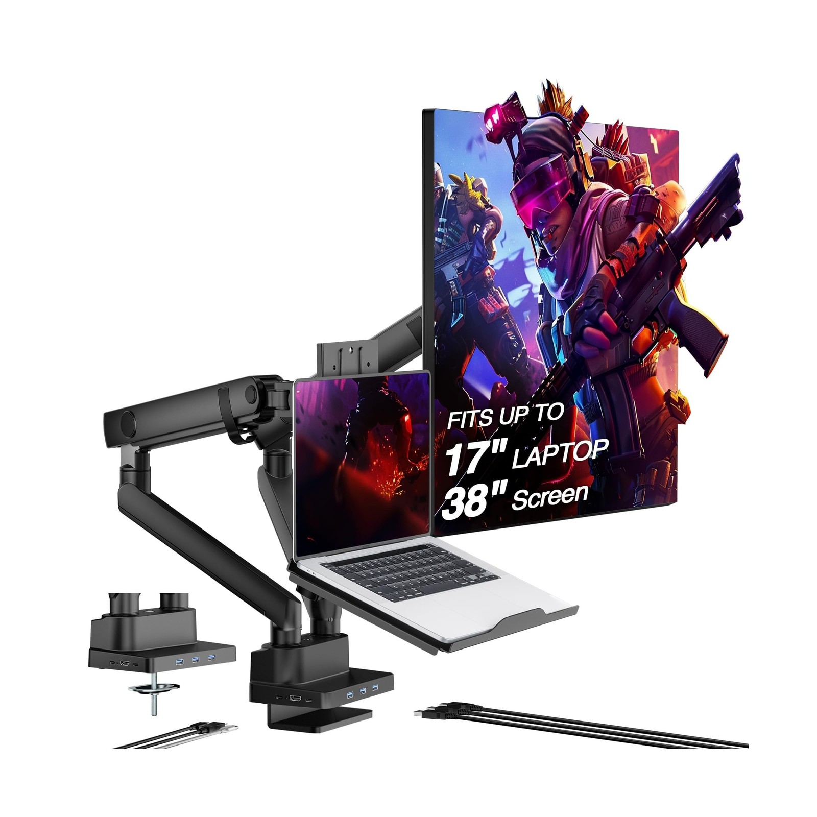 AVLT Dual 17”-38" Monitor Arm Desk Mount with 17" Laptop Tray and USB-C Do