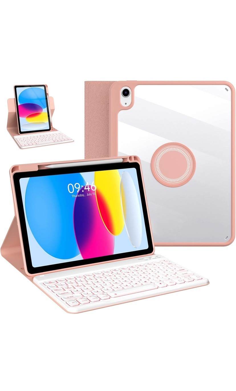 iPad 10.9 inch  case with keyboard upgrade 360 with backlit for 11-in A16, Pink