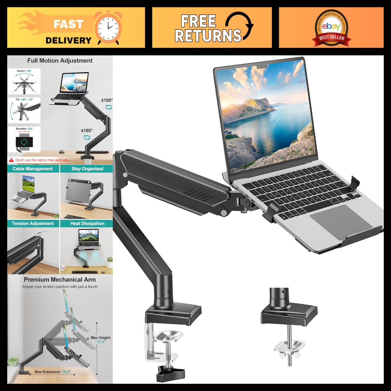 Adjustable Laptop Arm Mount for Desk - Fits 17" Notebooks & 32" Monitors