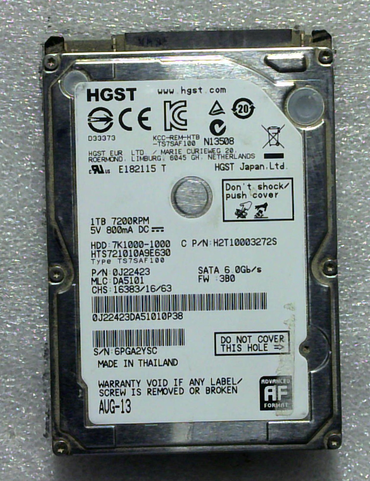 Hitachi / HGST - HTS721010A9E630 - 1TB - 0J22423 - SN: 6PGA2YSC