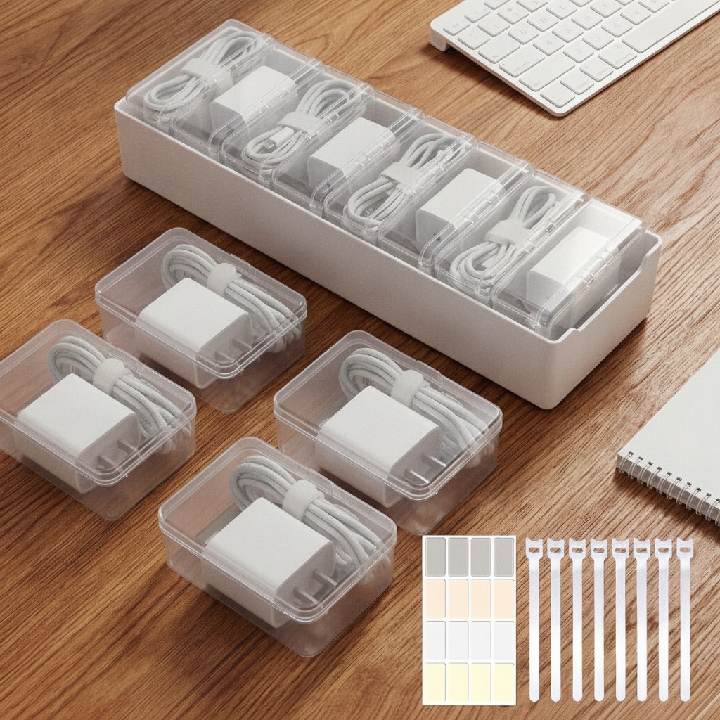 8 Individual Cable Organizer Boxes With Base, Cord Storage Organizer With Lab...