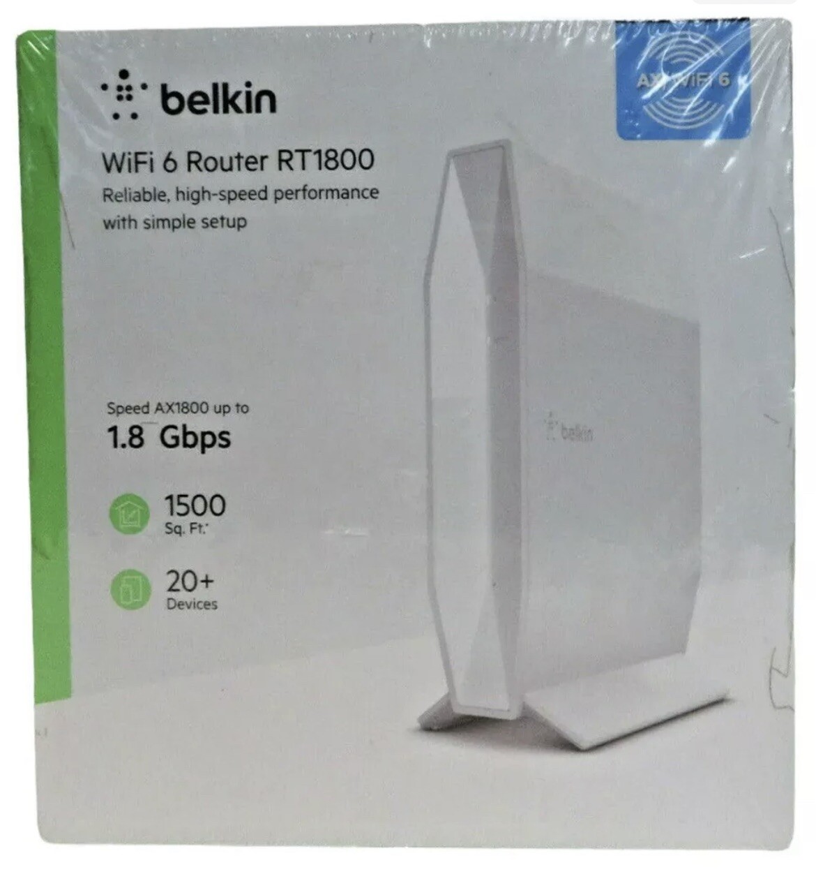 Belkin RT1800 AX1800 WiFi 6 Router Up To 1.8 Gbps 1500 Sq Ft 20+ Devices, Sealed