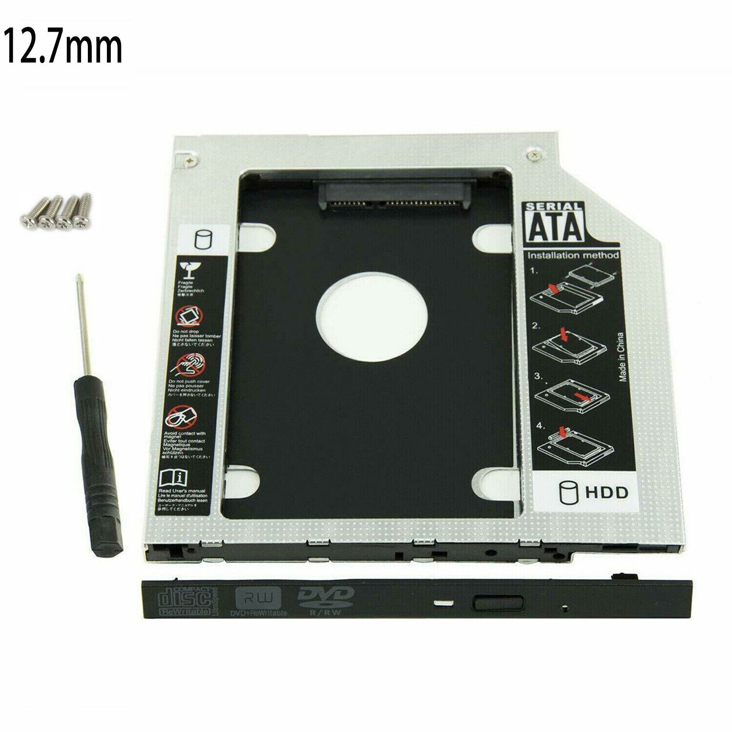 12.7mm Universal for SATA 2nd HDD SSD Hard Drive Caddy CD/DVD-ROM Optical Bay US