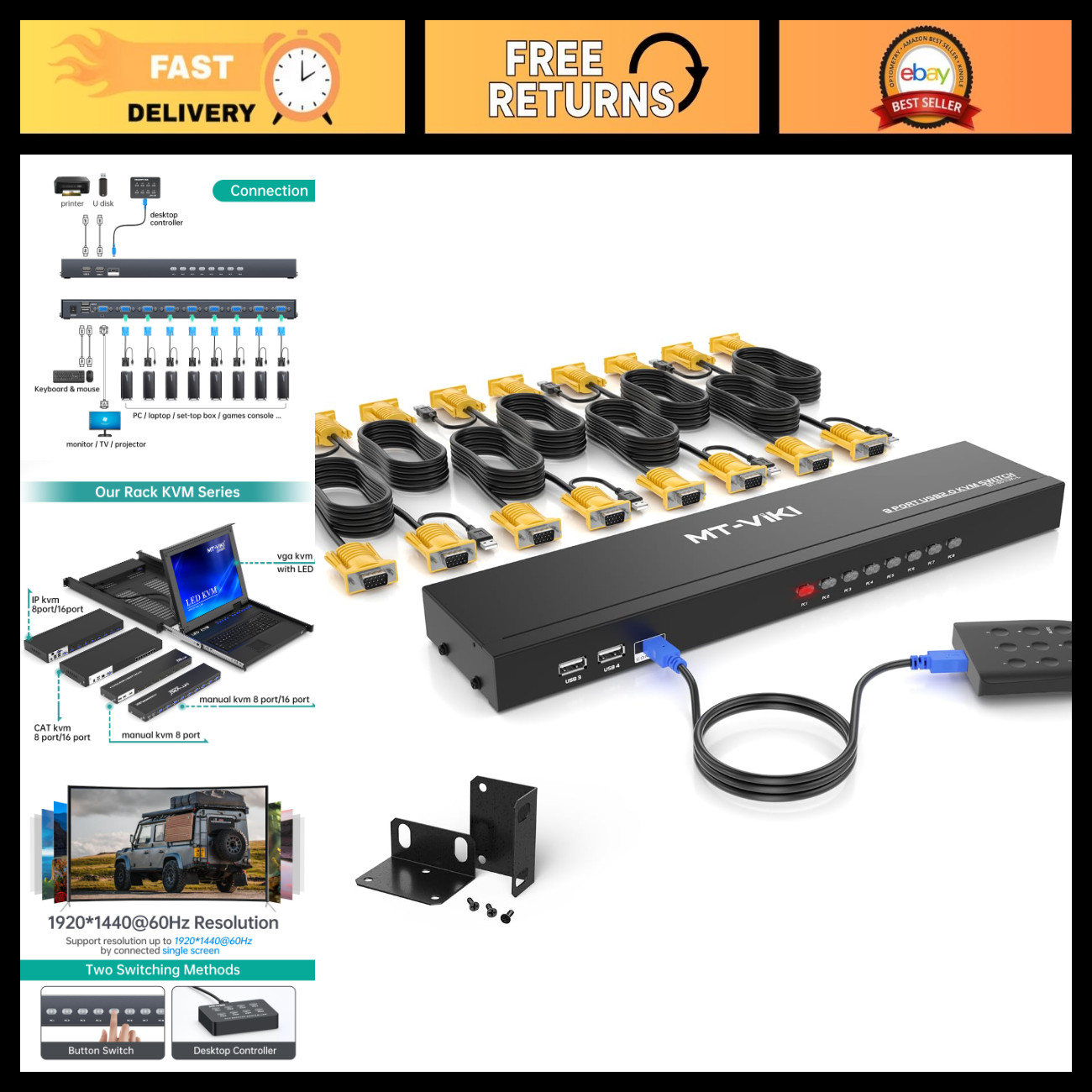 8-Port Rackmount KVM Switch VGA, 2-in-1 Cables & Power Adapter, 1U 19" Compatibl