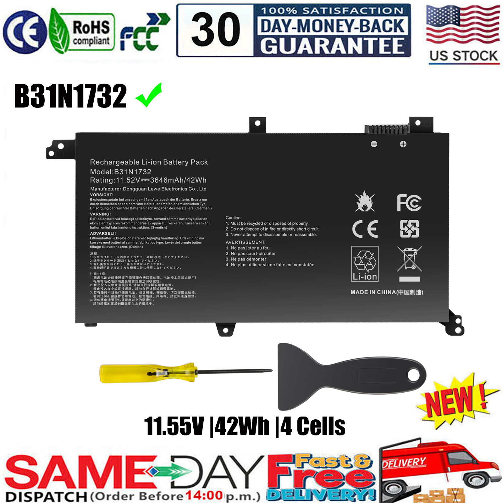 B31N1732 B31BI9H Battery for Asus VivoBook S14 S430FA S430UA S430FN X430UF 42Wh