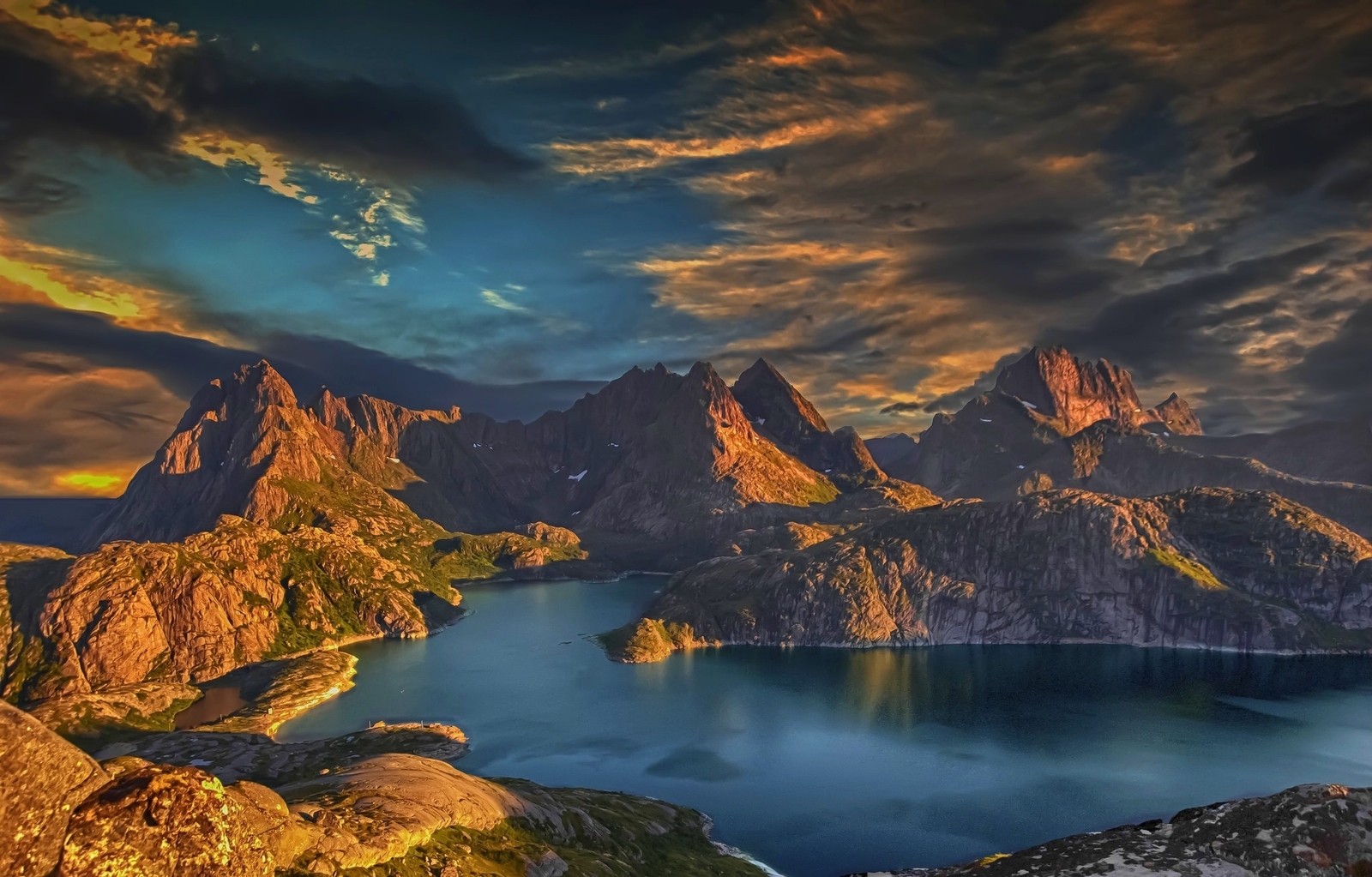 Landscape sunset mountains bay island lofoten norway Custom Gaming Mat Desk