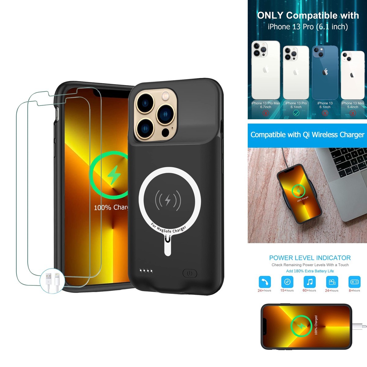 Battery Case for iPhone 13 Pro 6.1 inch 10000mAh Black Wireless Charging Carplay