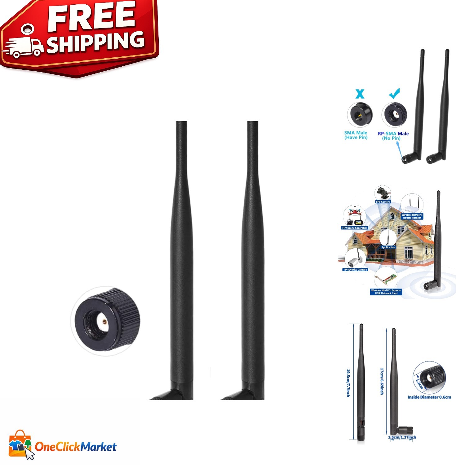 2-Pack RP-SMA Male WiFi Antenna – Boost Signal with 6dBi Gain | Omni-Directional