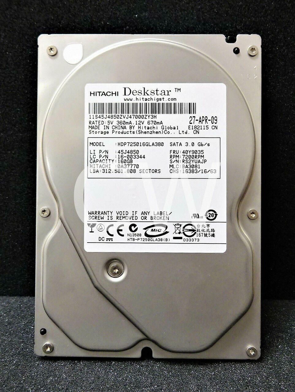 HDP725016GLA380 HITACHI 0A37770 160GB 7200RPM 3Gbps 3.5" SATA HDD Hard Drive