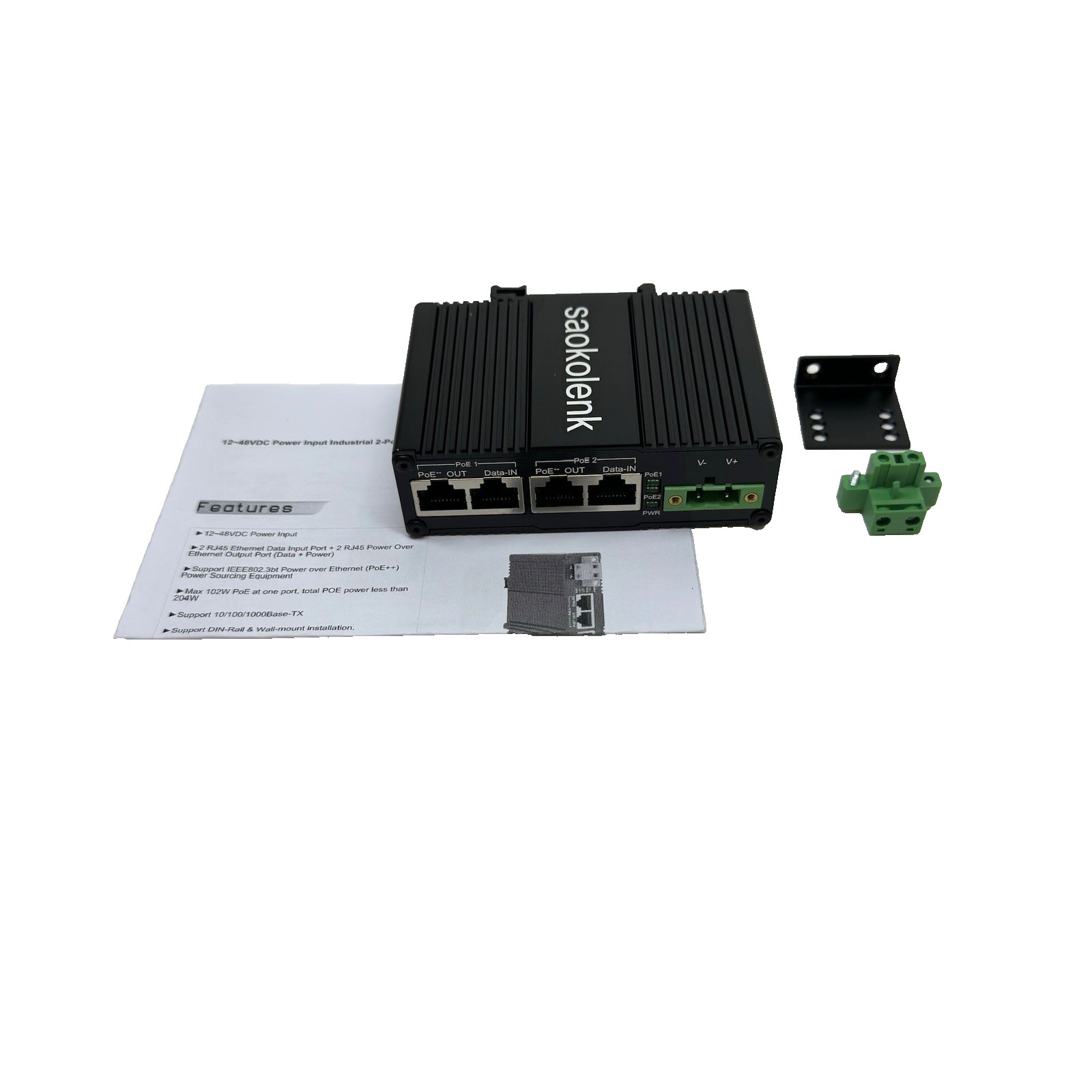 Industrial 95W PoE Injector 2-Port Gigabit Ethernet DIN Rail Adapter 802.3bt NEW