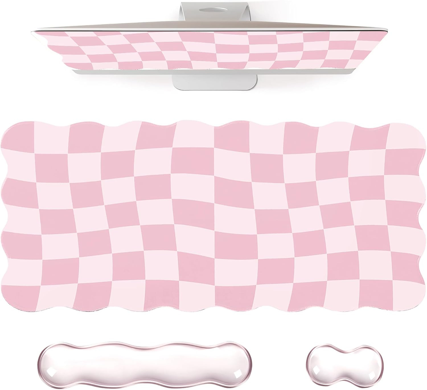 Pink Checkered Mouse Pad Set,Scalloped Pastel XXL Desk Mat Set