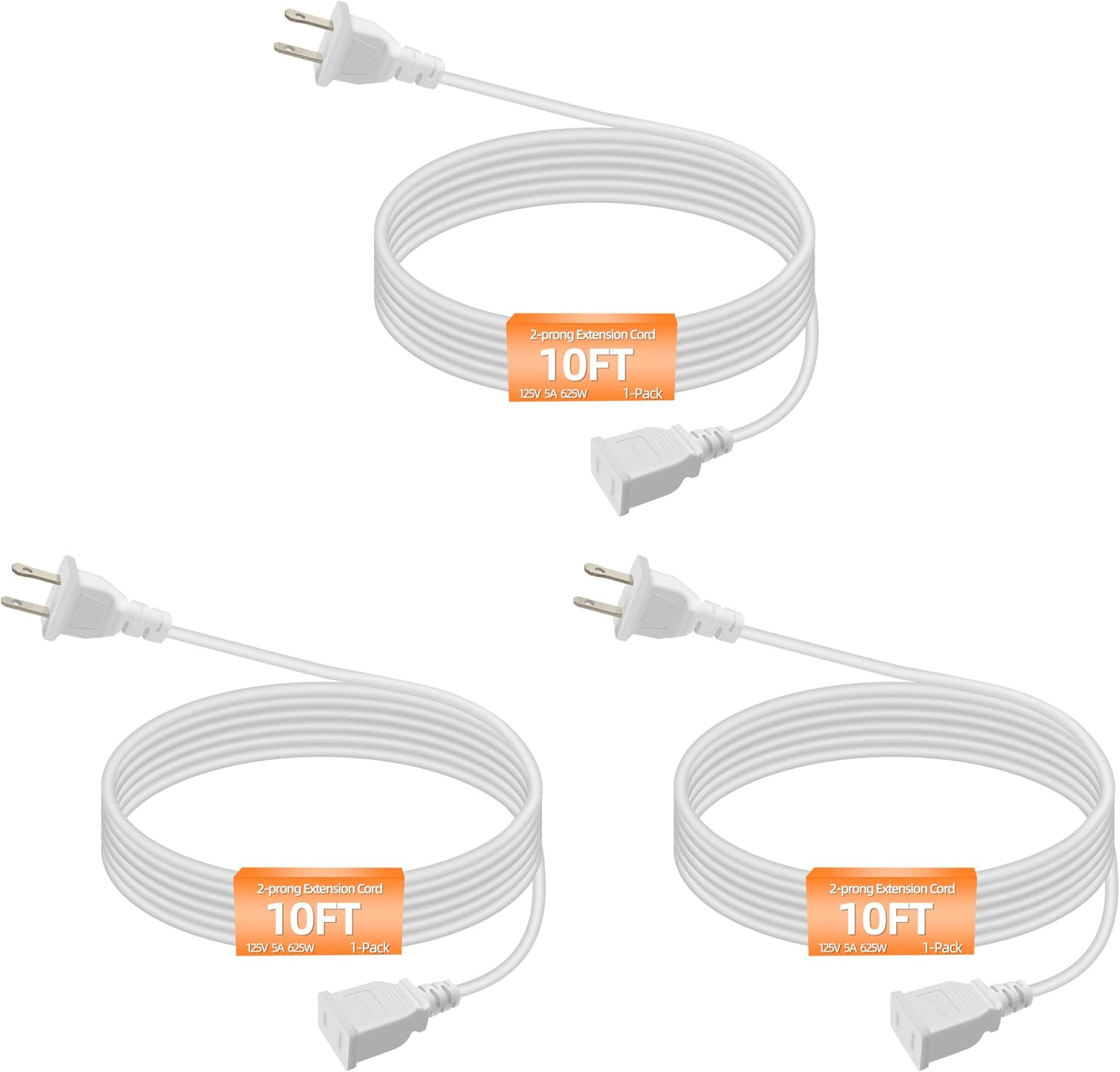 2 Prong Polarized White Extension Cord 10 Feet Thin Power Cable Male to Female