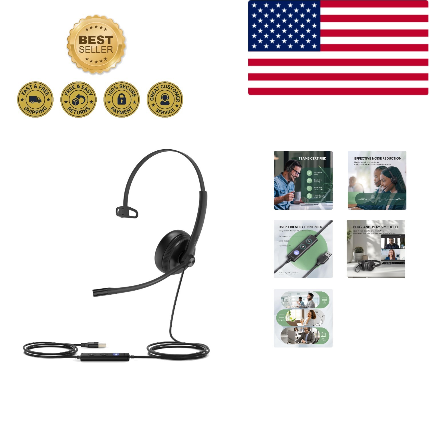 Lightweight UH34 Headset with Adjustable Design and High-Quality Sound - USB