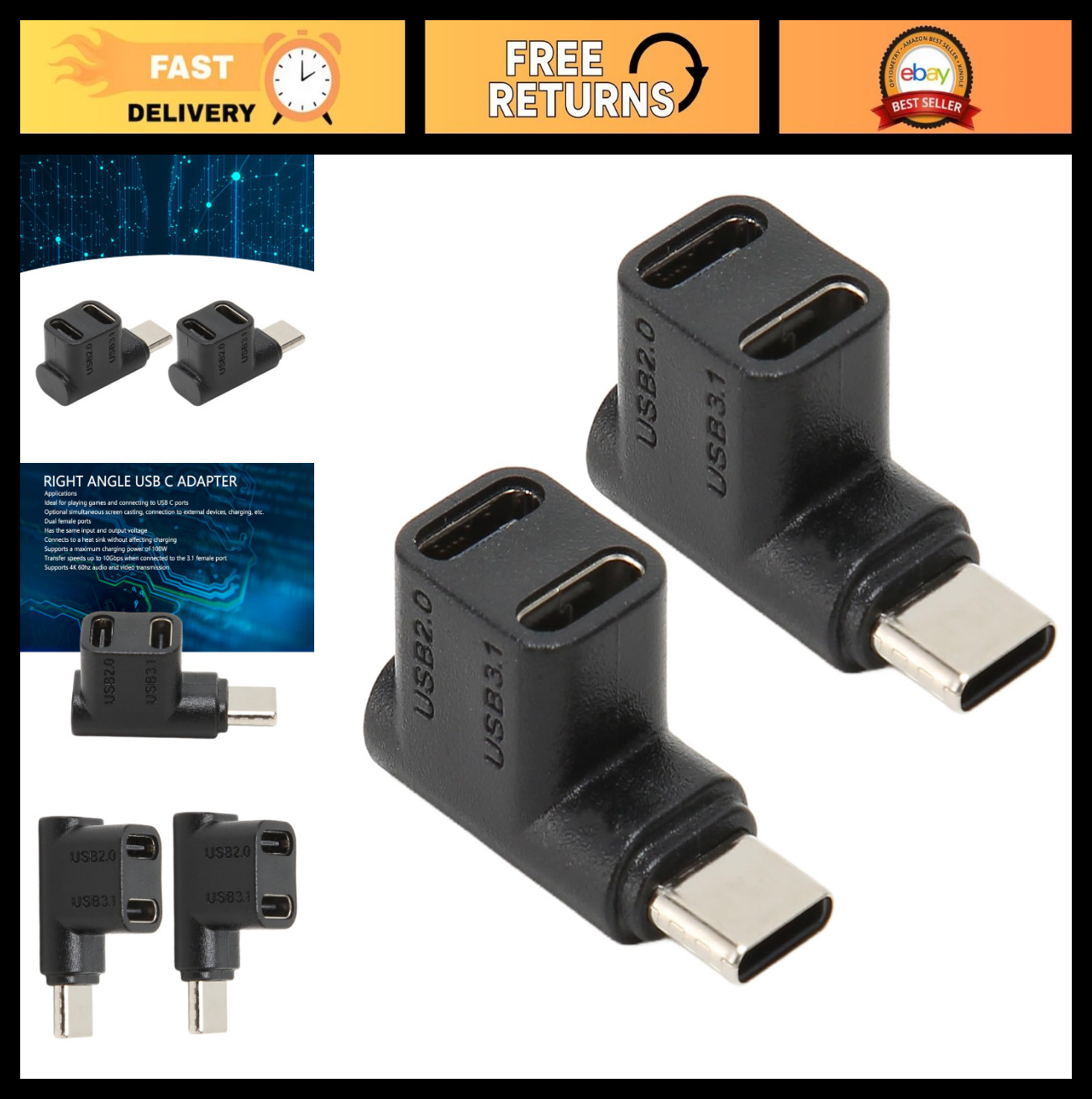 2-Pack 90 Degree USB C 3.1 Adapter, Male to Dual Female Right Angle Connector, 1