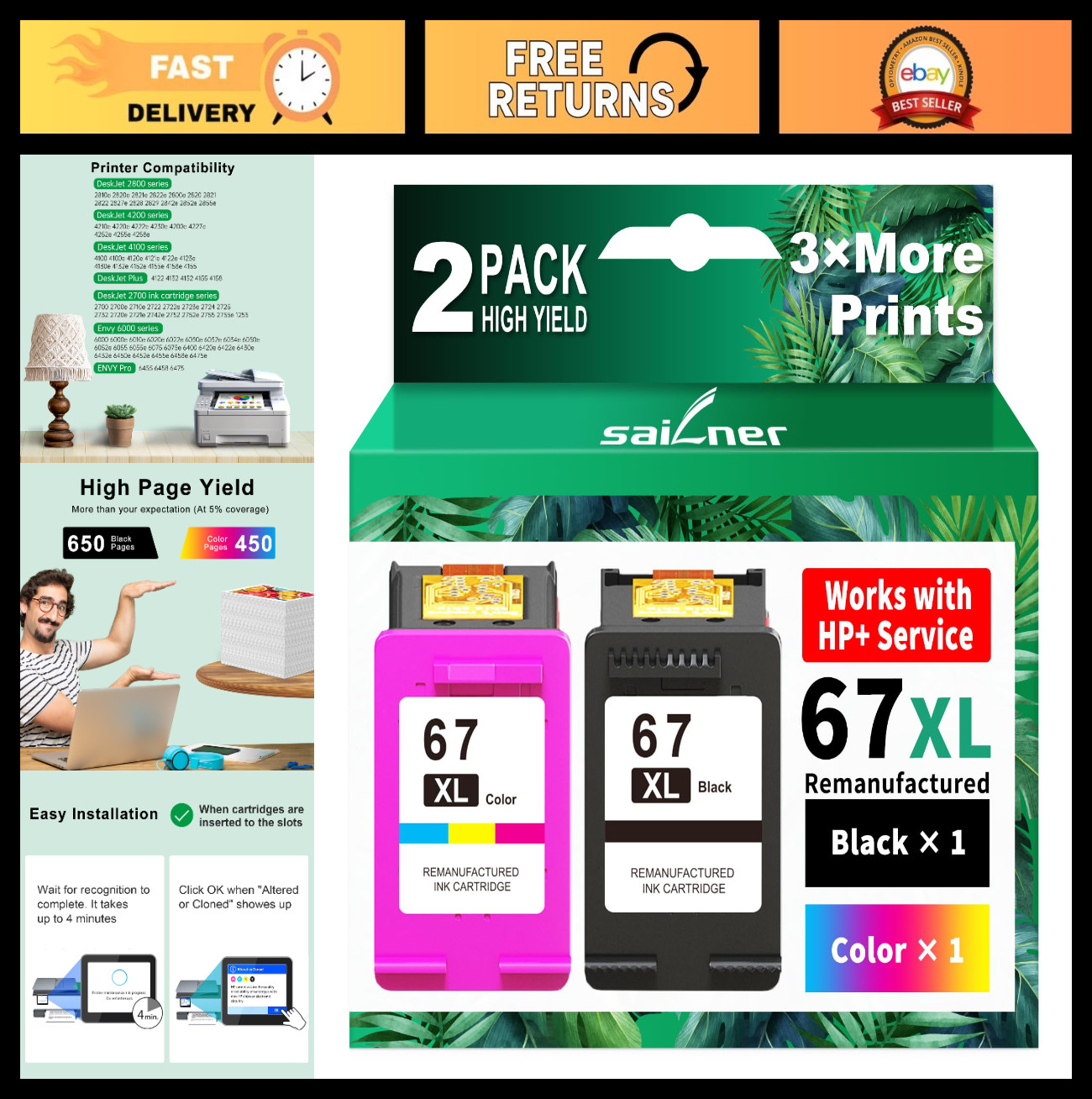 High-Quality 67XL Ink Cartridges Black & Color Combo Pack Replacement for Printe