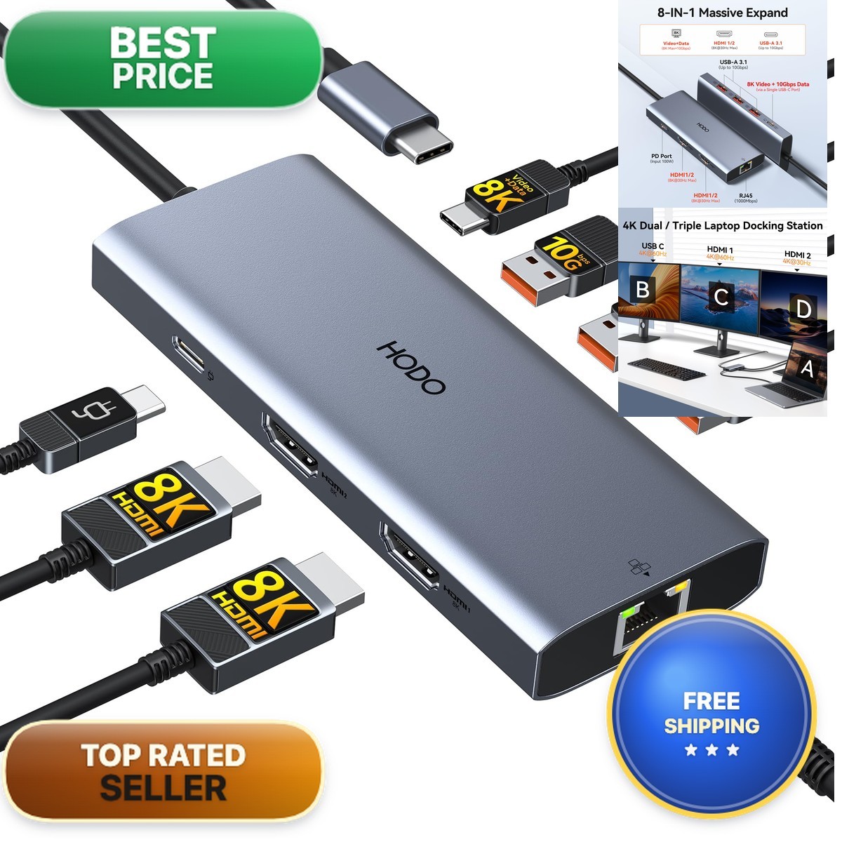 HODO Laptop Docking Station 3 Monitor Triple 4K USB C Hub 2 HDMI 8K