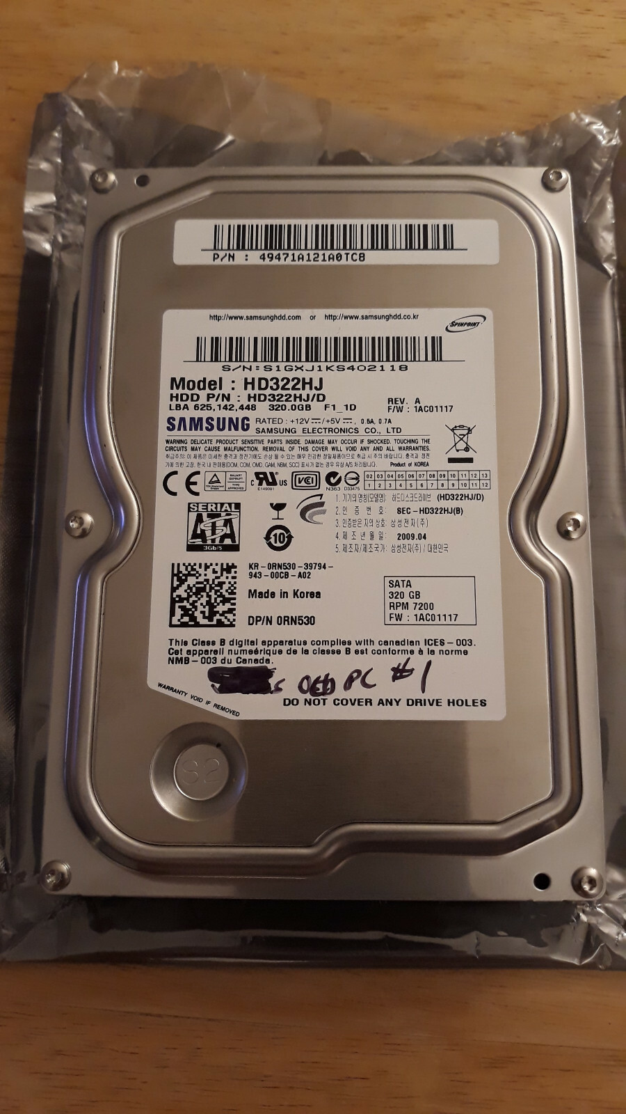 Samsung SpinPoint F1 320GB Internal SATA 7200RPM 3.5" (HD322HJ) Hard Drive HDD