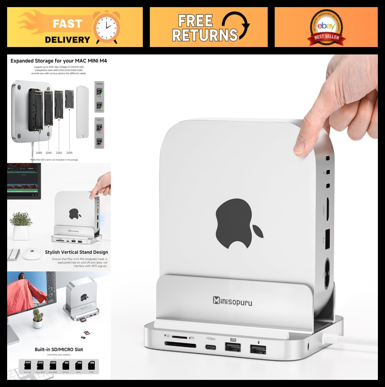 8TB NVMe SSD Dock for Mac Mini M4 Pro - 10Gbps USB C Hub & Vertical Stand, 8-in-