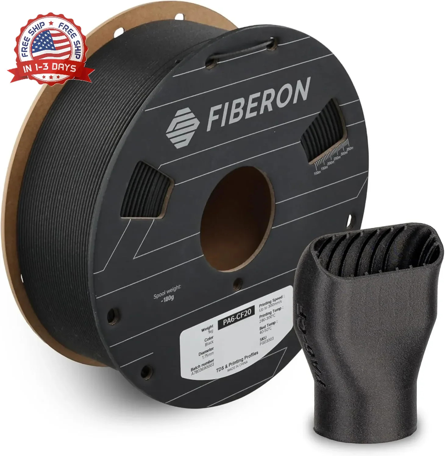 Fiberon PA6-CF20 Carbon Fiber Nylon Filament 1.75mm, Black, 1kg