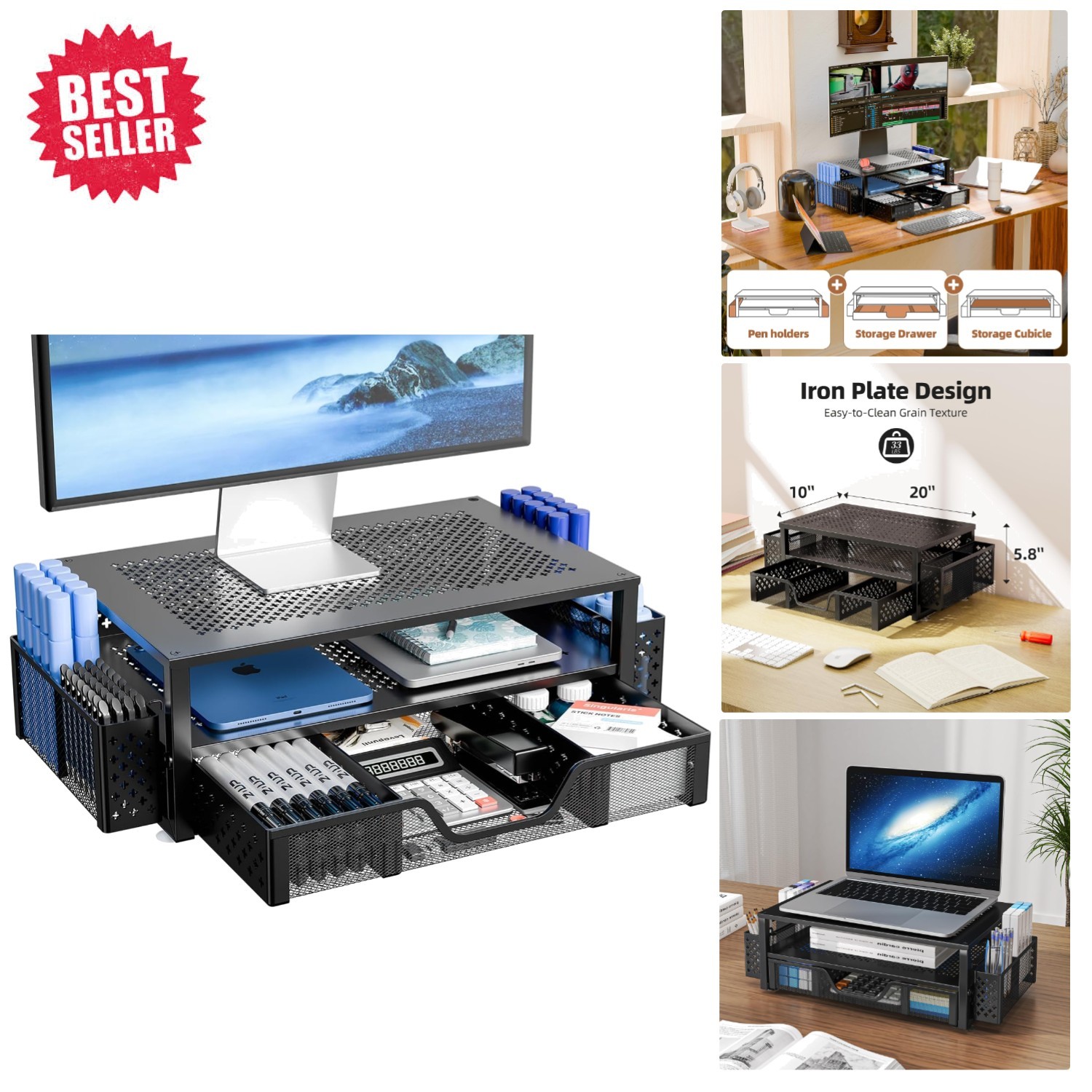 Compact Laptop Stand with Drawer & Cooling Mesh, Ideal for Home Office Setup