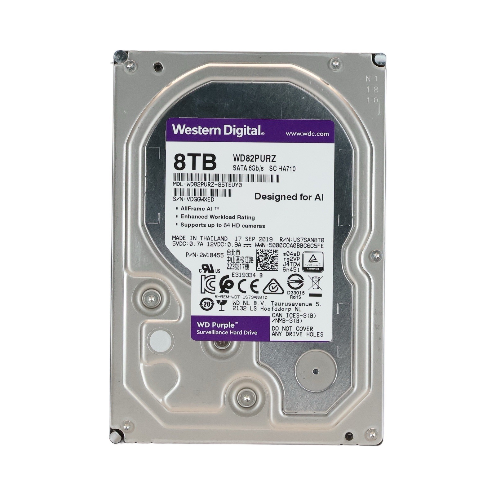 Western Digital WD Purple WD82PURZ 8TB SATA 6Gb/s Surveillance HDD - 100% Health