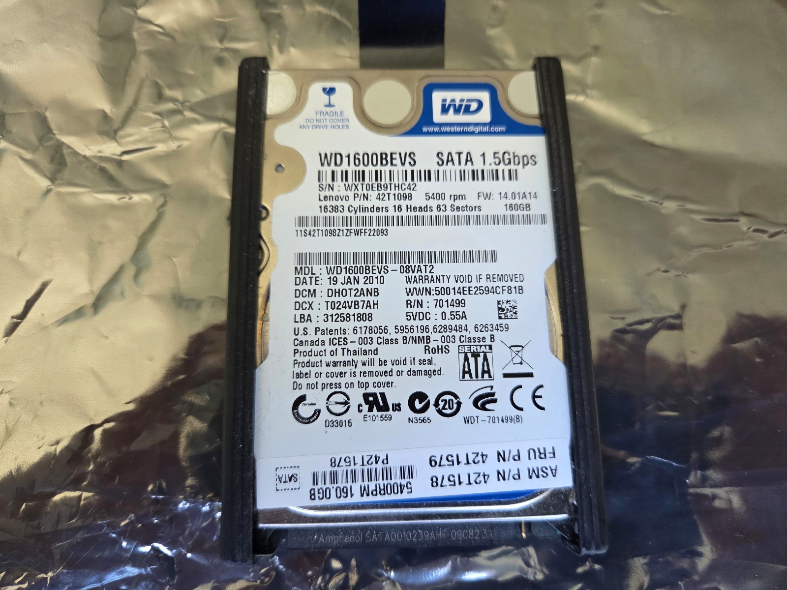 Western Digital WDC WD1600BEVS-08VAT2 160GB 2.5" 5400 SATA Hard Drive Tested