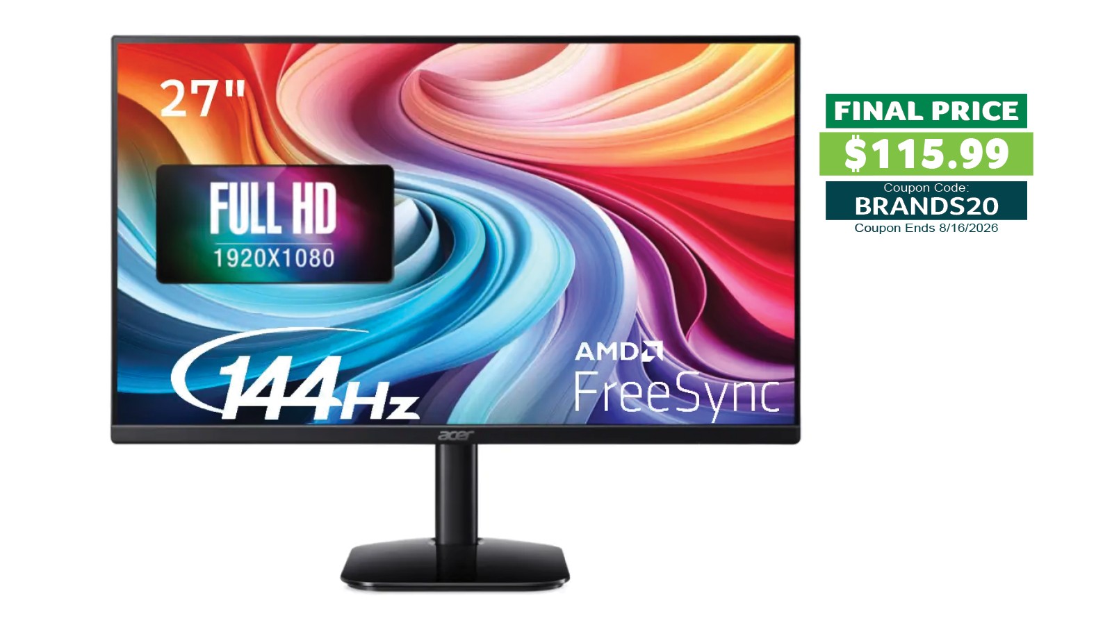 Acer 27" KA272 P6bi Widescreen Monitor 1920x1080 144Hz 250Nit 1ms 100x100 Refurb