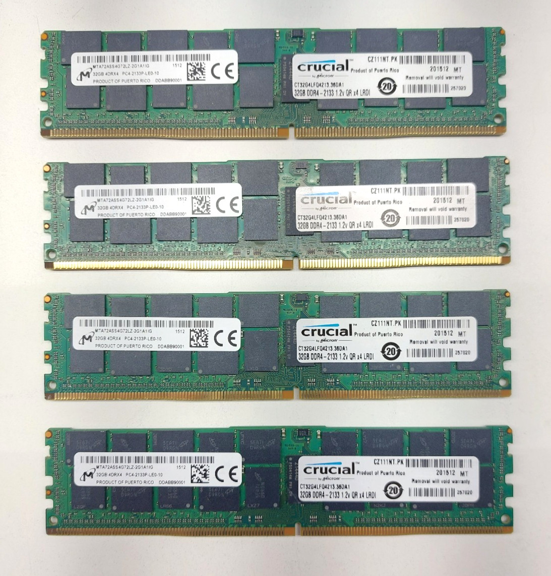 Lot of 4 Micron 32GB 4DRx4 PC4-2133P-LE0-10 MTA72ASS4G72LZ-2G1A1IG CZ111NT.PK