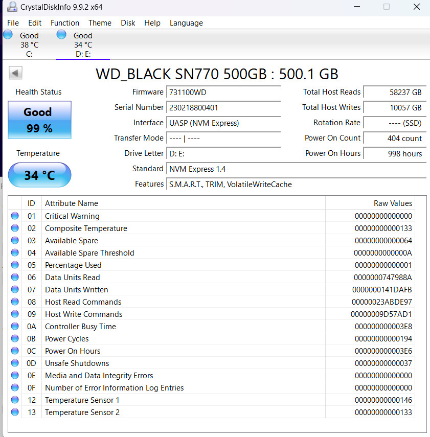 Western Digital WD_Black SN770 500GB NVMe M.2 SSD 99% Health
