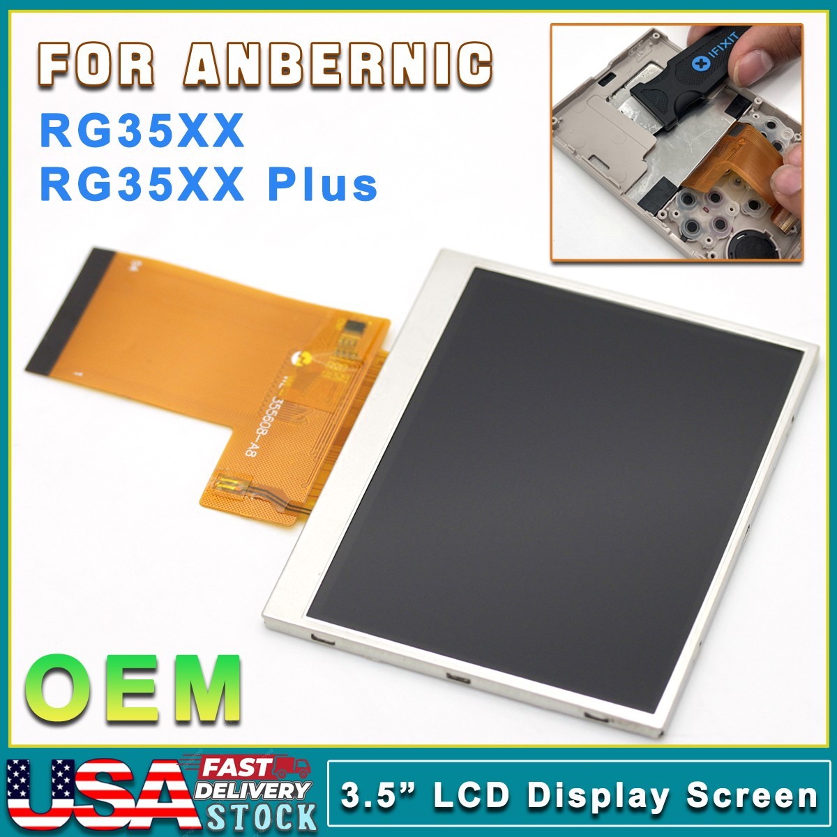 Original 3.5" LCD Display Screen w/Flex Cable For Anbernic RG35XX / RG35XX Plus