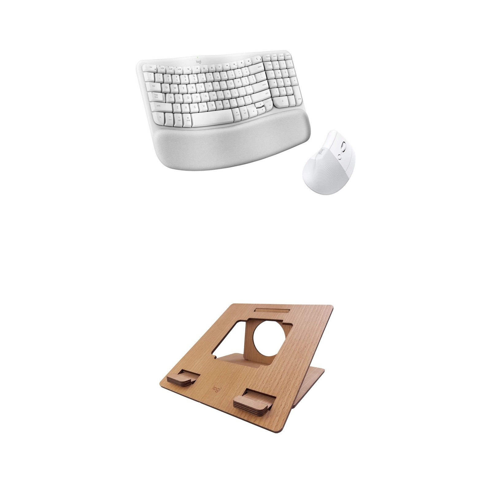 Logitech Ergonomic Mac Workspace Bundle: Wave Keys & Lift Combo - Wooden Stand