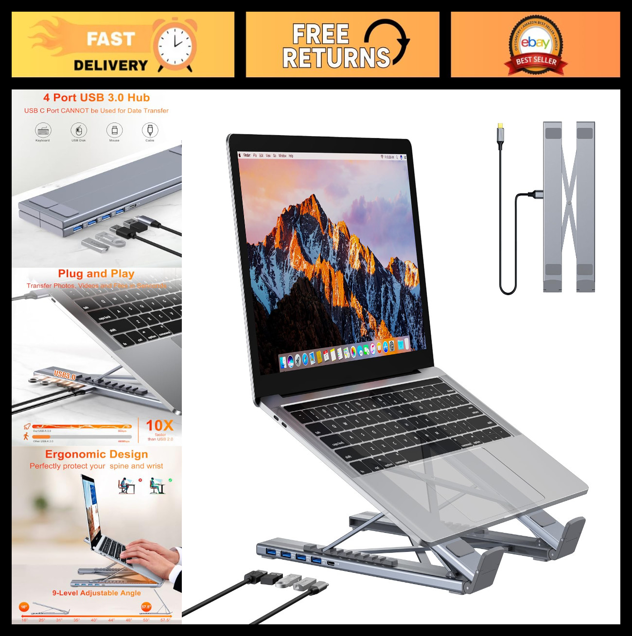 5-in-1 USB C Hub Docking Station, Adjustable Aluminum Laptop Stand, 4-Port USB A