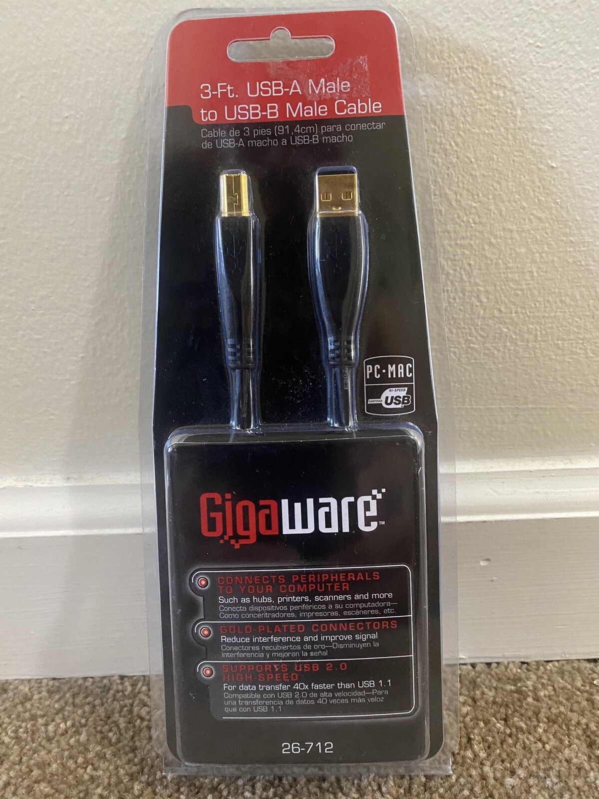  Gigaware 3-Ft. USB-A Male To USB-B Male Cable Gold Plated 26-712