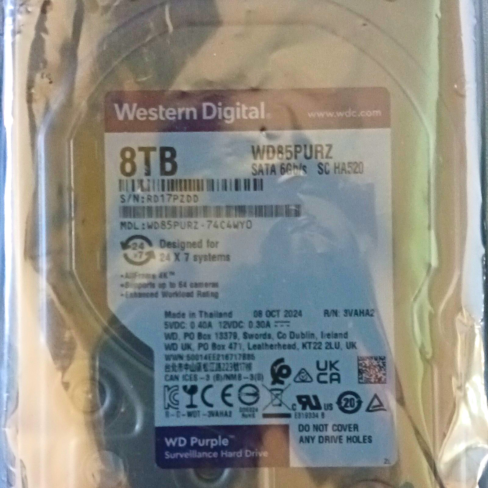 Western Digital WD Purple 8TB 3.5in SATAIII 6Gb/s 24x7 Surveillance HDD WD85PURZ