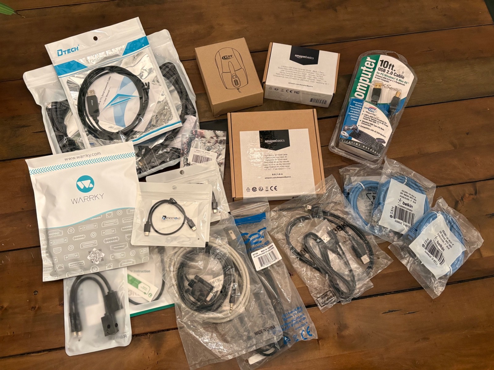 Lot of computer, video cables, converters and PC Mice HDMI USB ETHERNET DB9 TTL