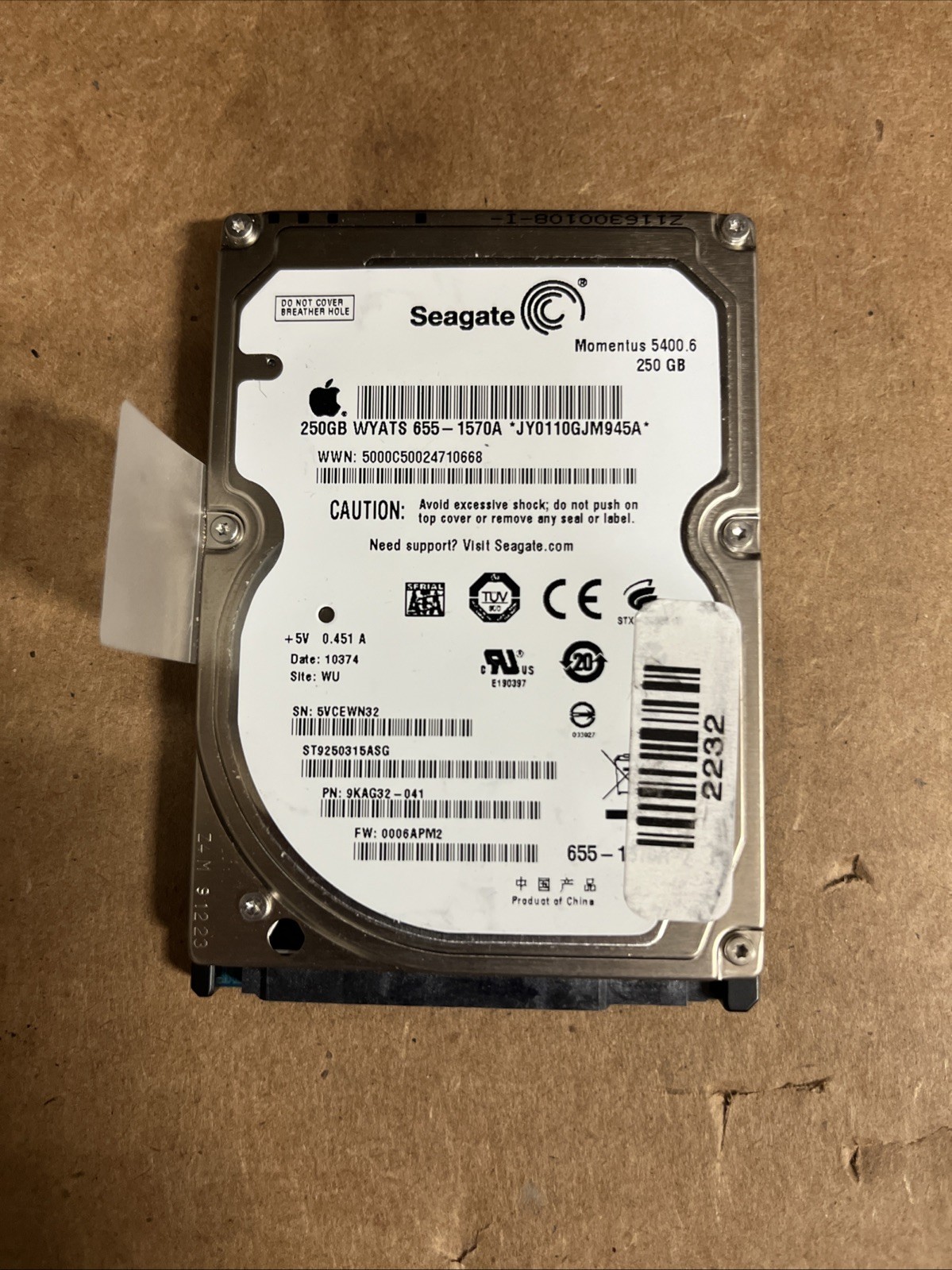 Seagate ST9250315ASG 9KAG32-041 FW:0006APM2 WU Apple#655-1570A 250gb Sata HDD