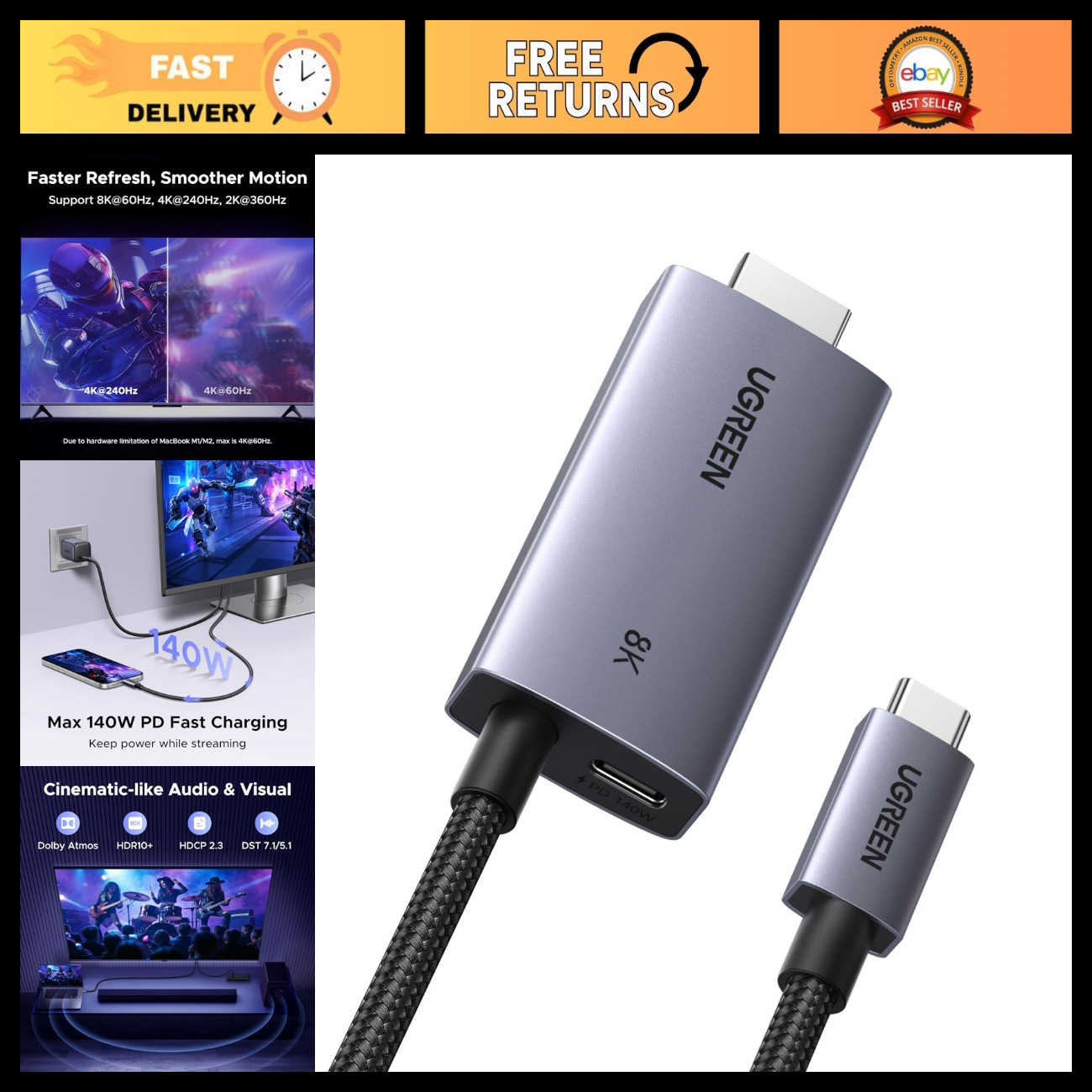 USB C to HDMI Cable 8K@60Hz, 140W PD Fast Charging, 6.6FT - High-Speed Adapter