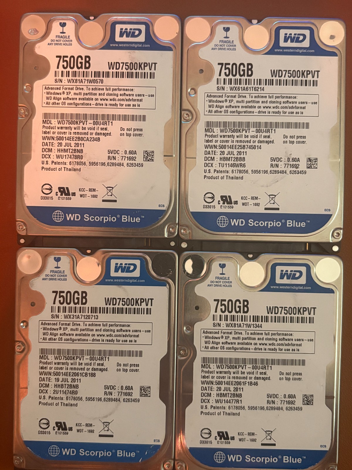 WD Scorpio Blue 750GB Internal 5400RPM 2.5" (WD750KPVT) HDD 9.5mm lot of 4