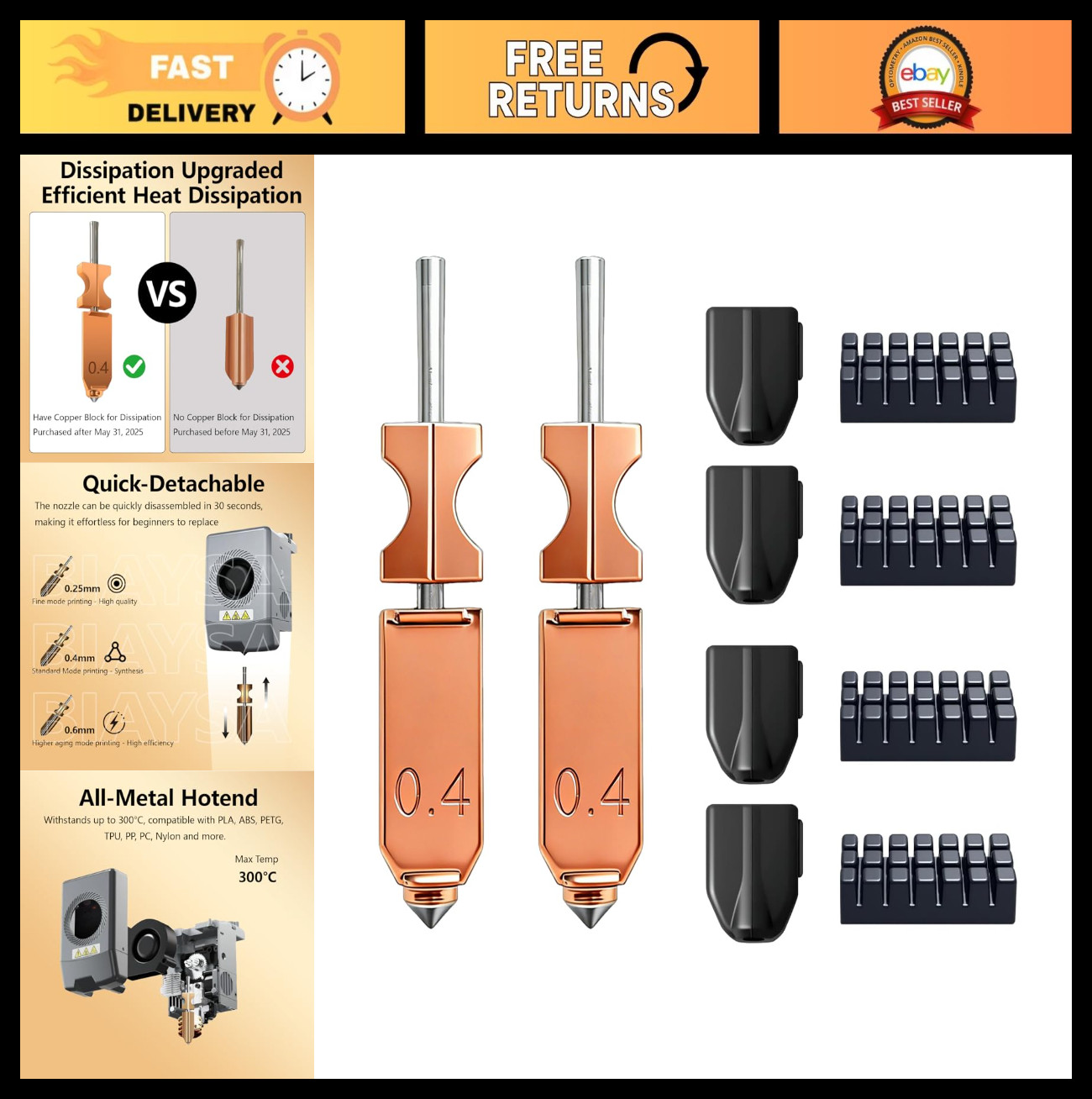 Upgraded 2PCS 0.4mm All-Metal Hardened Steel Hotend Nozzle Kit, Quick-Detach, Hi