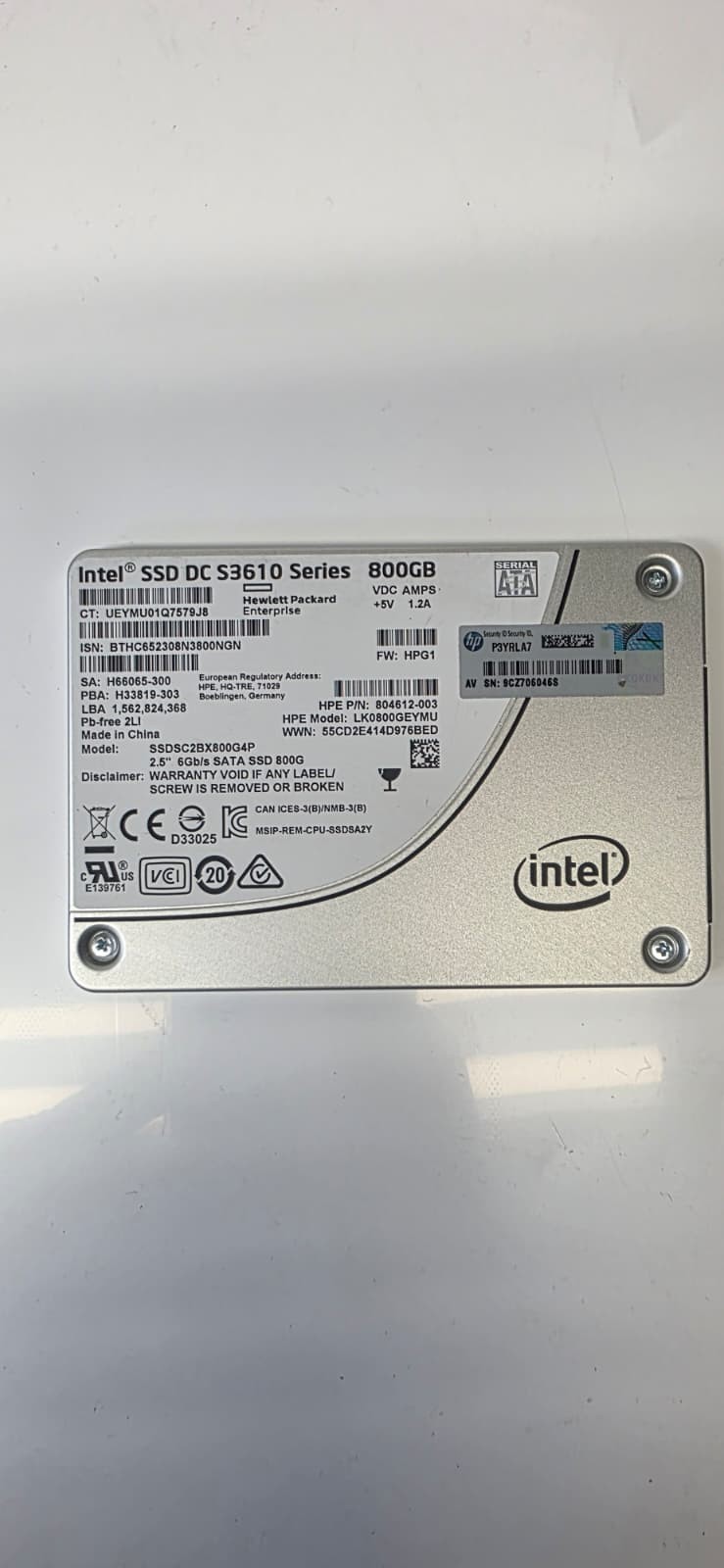 Intel DC S3610 Series 800GB 2.5" SATA 6Gb/s HPE SSDSC2BX800G4P Server SSD *QTY