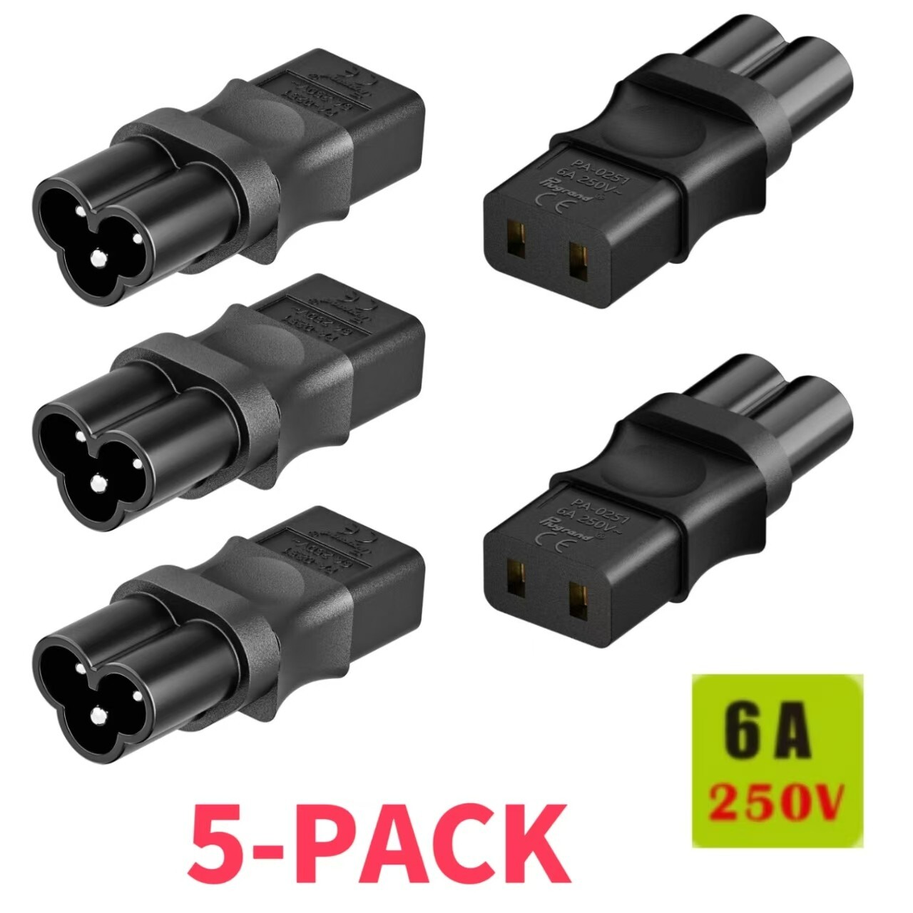(5PACK)IEC 320 C6 Male to IEC 320 C9 Female AC Power Adapter 6A 250V