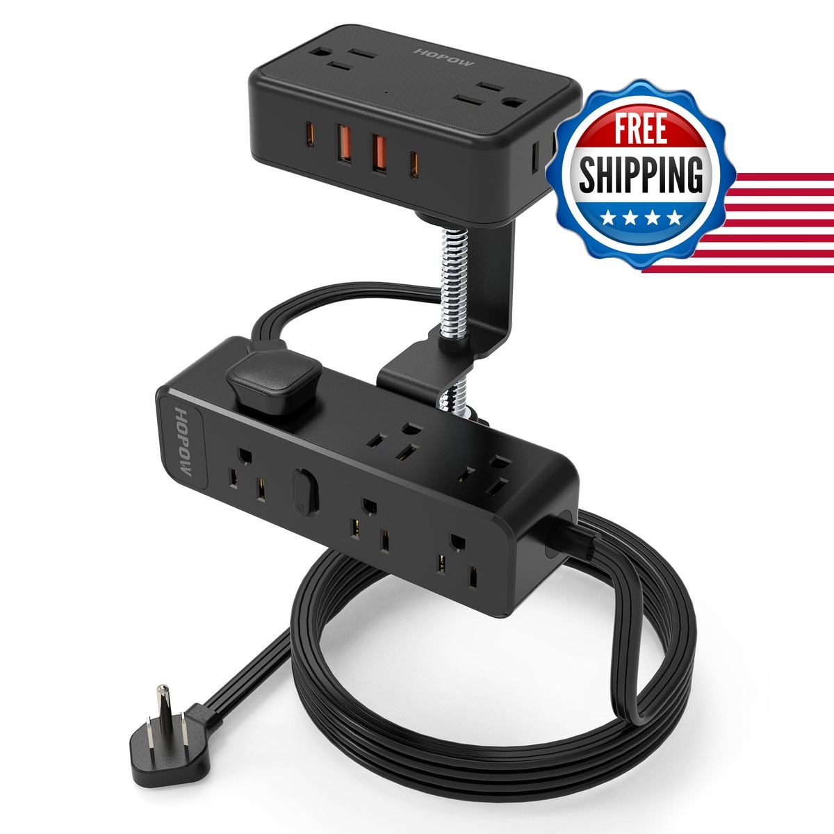 HOPOW Dual Layer Desk Clamp Power Strip 13 Outlets 4 USB 10FT Cord Black