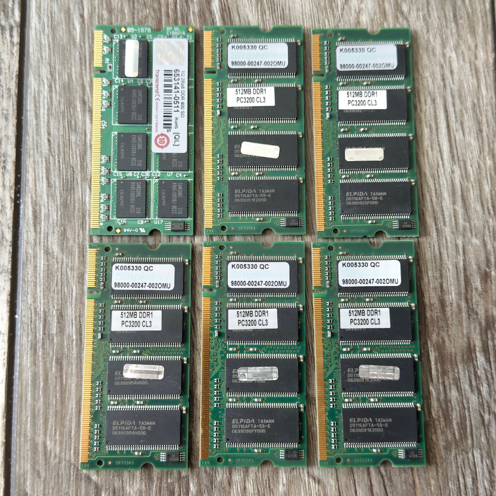 5 Simpletech 512MB CL3 DDR1 PC3200 SODIMM Laptop Memory Modules & 1 Transcend 1G
