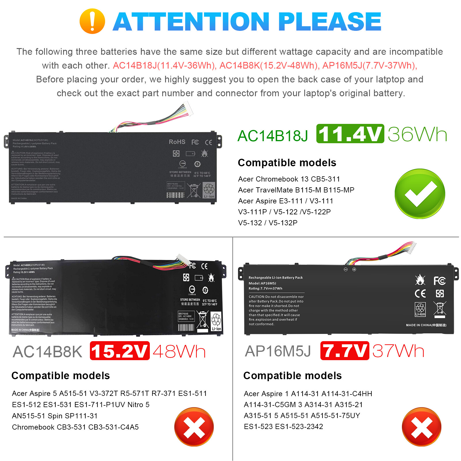 AC14B18J AC14B13J Laptop Battery For Acer Aspire ES1-571 ES1-111 ES1-131 ES1-331